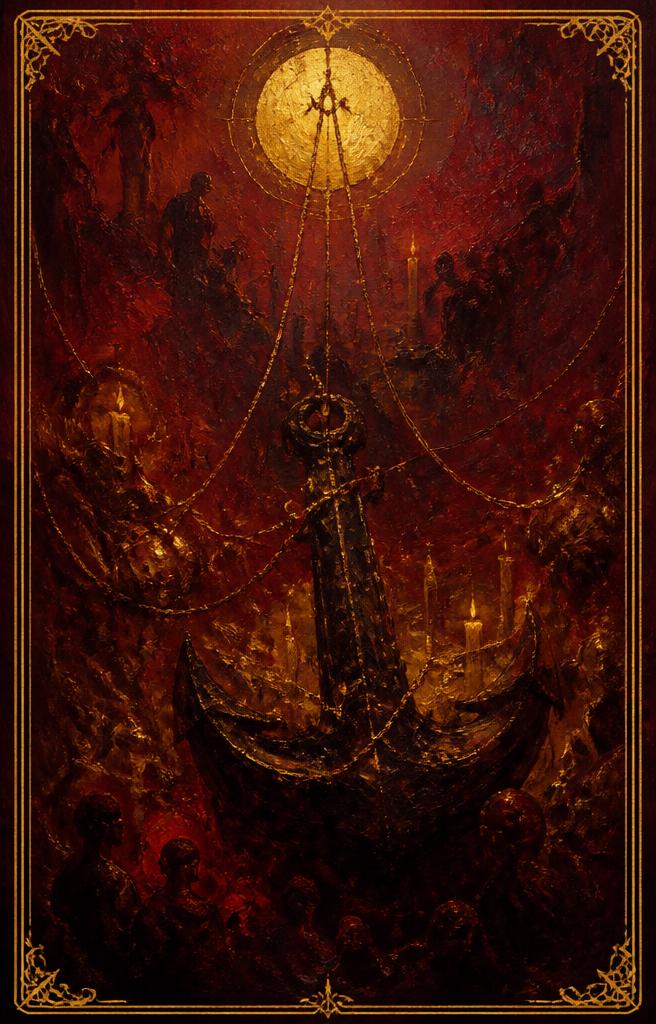 Strength — Madam Moira's painted Anchor, a heavy dark form held in still amber water, abstract and calm