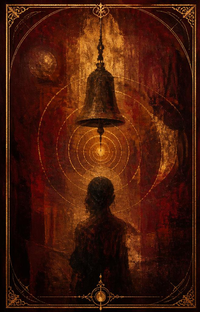 The High Priestess — Madam Moira's painted Silent Bell, a still form surrounded by deep shadow and a faint ring of amber light, as if a sound is about to be born