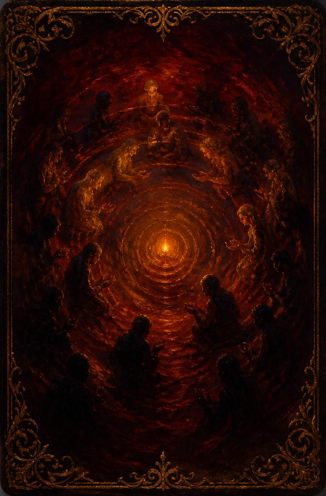 The Sun tarot card (Major Arcana XIX) — The Ember from Madam Moira's painted deck: The Sun — Madam Moira's painted Ember card, a single small flame at the centre of concentric rings of warm light with many shadowed figures kneeling around it, hands open toward the glow