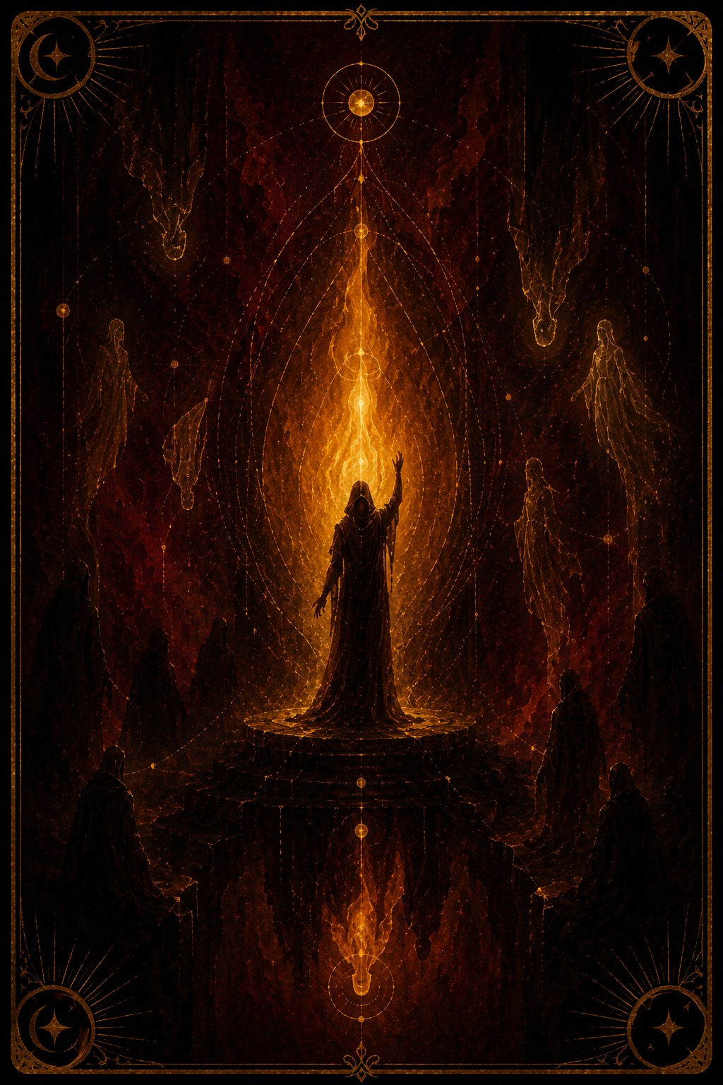 The Flame Keeper tarot card (Major Arcana —) — The Flame Keeper from Madam Moira's painted deck: The Flame Keeper — Madam Moira's painted hands cupped around a small steady flame in deep burgundy darkness