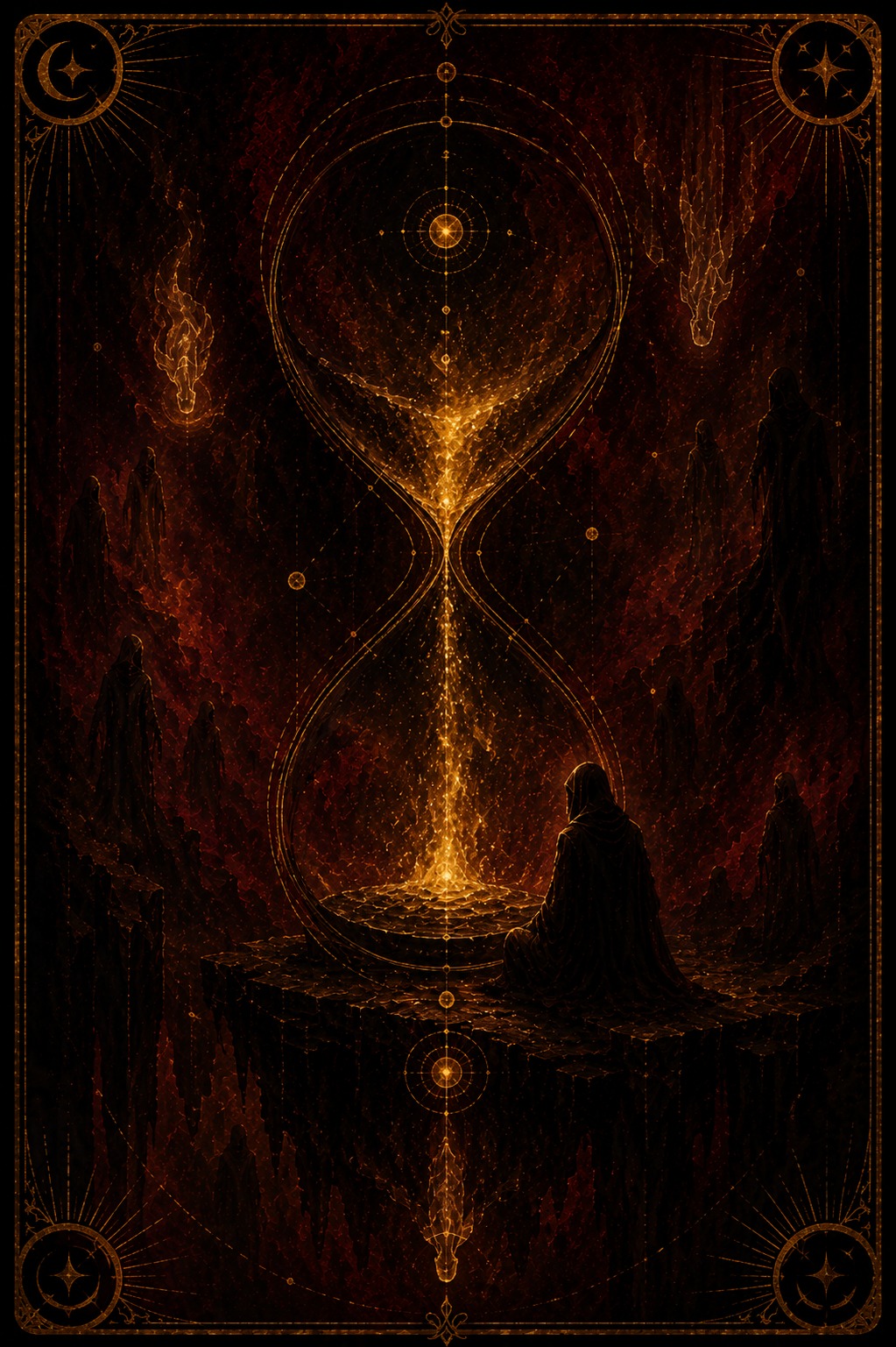 Wheel of Fortune tarot card (Major Arcana X) — The Hourglass from Madam Moira's painted deck: Wheel of Fortune — Madam Moira's painted Hourglass card, a vast glowing hourglass of gold sand with a seated hooded figure watching it fall