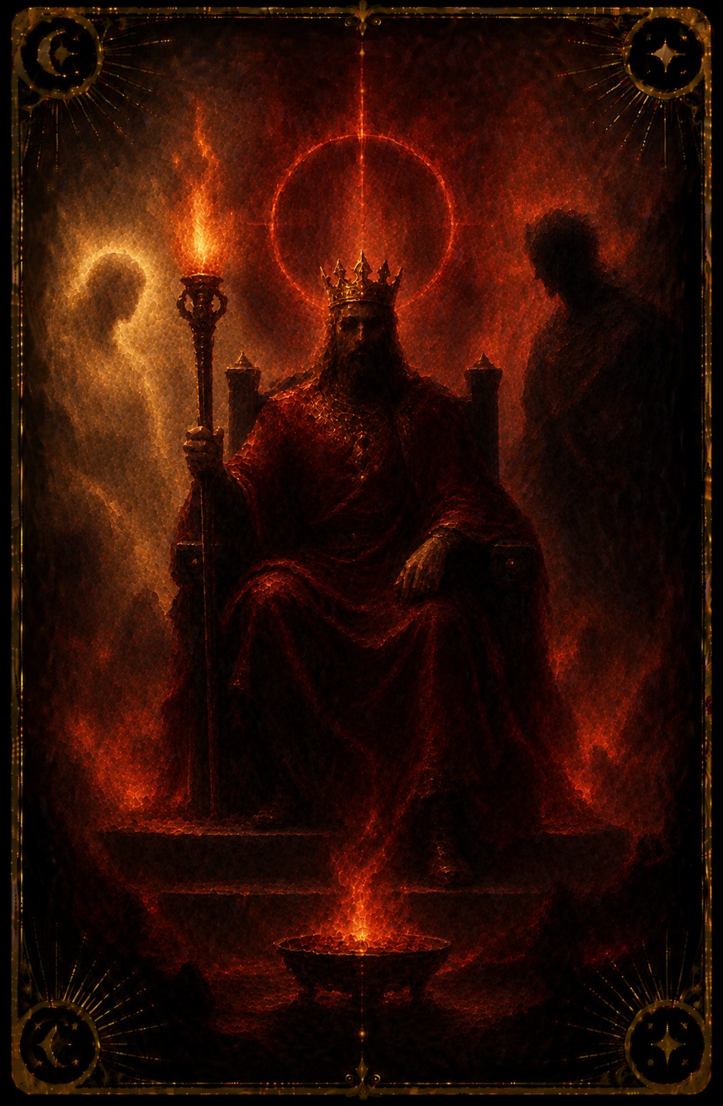Queen of Wands tarot card (Major Arcana Queen of Wands) — The Keeper of the Flame from Madam Moira's painted deck: The Keeper of the Flame — Madam Moira's painted Queen of Wands, a figure guarding a small burning light in cupped hands