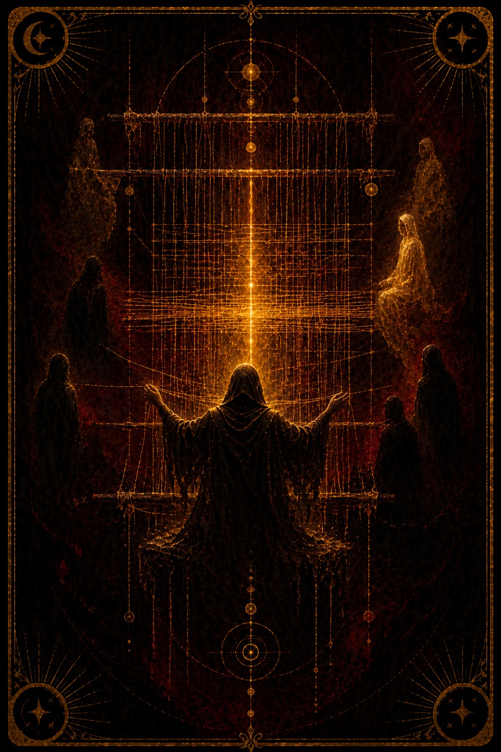 The Loom tarot card (Major Arcana —) — The Loom from Madam Moira's painted deck: The Loom — Madam Moira's painted loom of crossing gold threads emerging from deep burgundy shadow