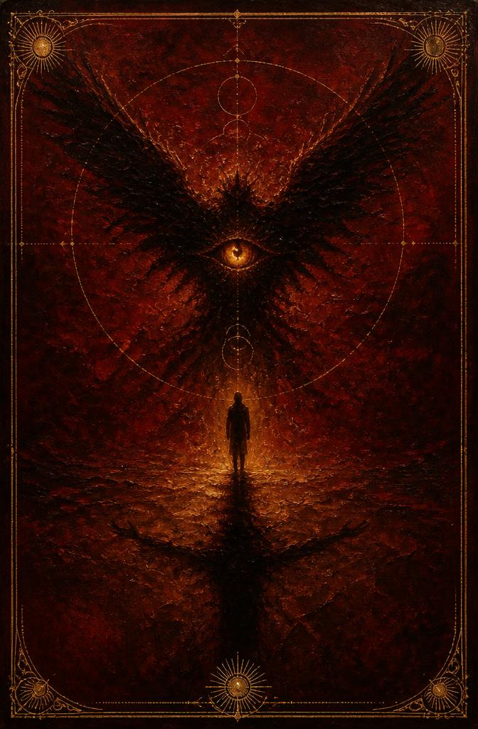 The Hanged Man — Madam Moira's painted Nightbird, pale wings opening like a chevron out of deep burgundy darkness