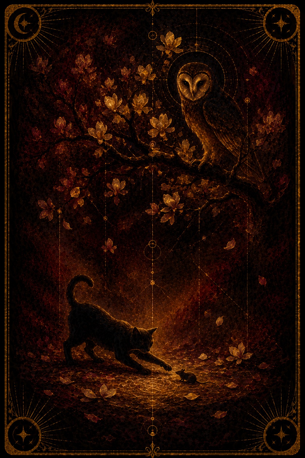 Judgement tarot card (Major Arcana XX) — The Owl from Madam Moira's painted deck: Judgement tarot card — Madam Moira's painted Owl, a gold-lit barn owl watching from a blossoming branch while a black cat stalks a mouse in the lamplight below, on abyssal burgundy