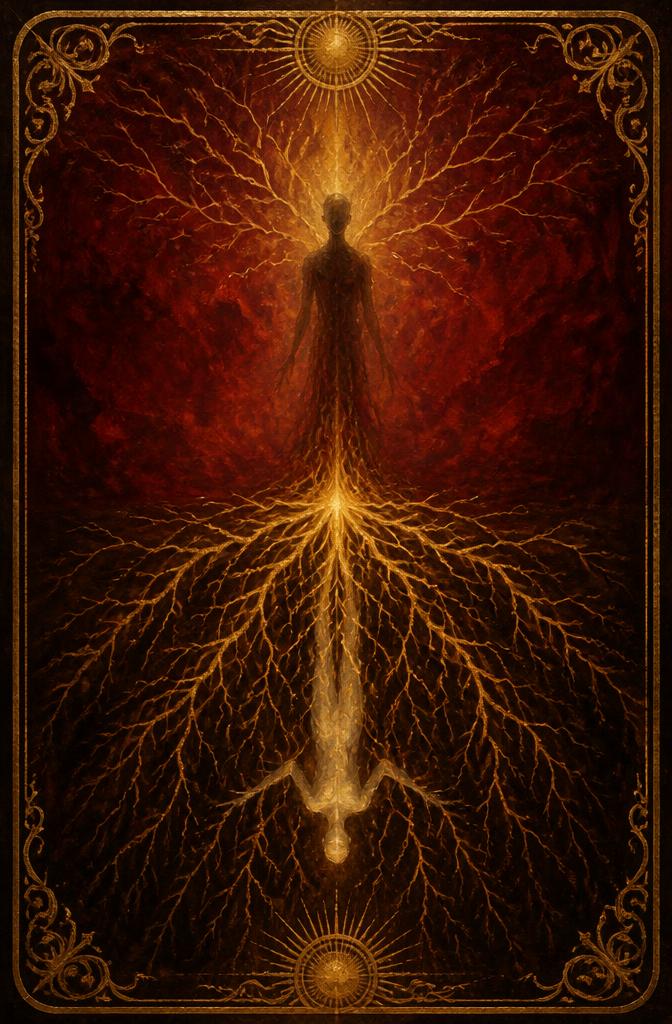 The Emperor tarot card (Major Arcana IV) — Roots from Madam Moira's painted deck: The Emperor — Madam Moira's painted Roots card, a standing figure whose body opens into a vast gold root system beneath and branching light above