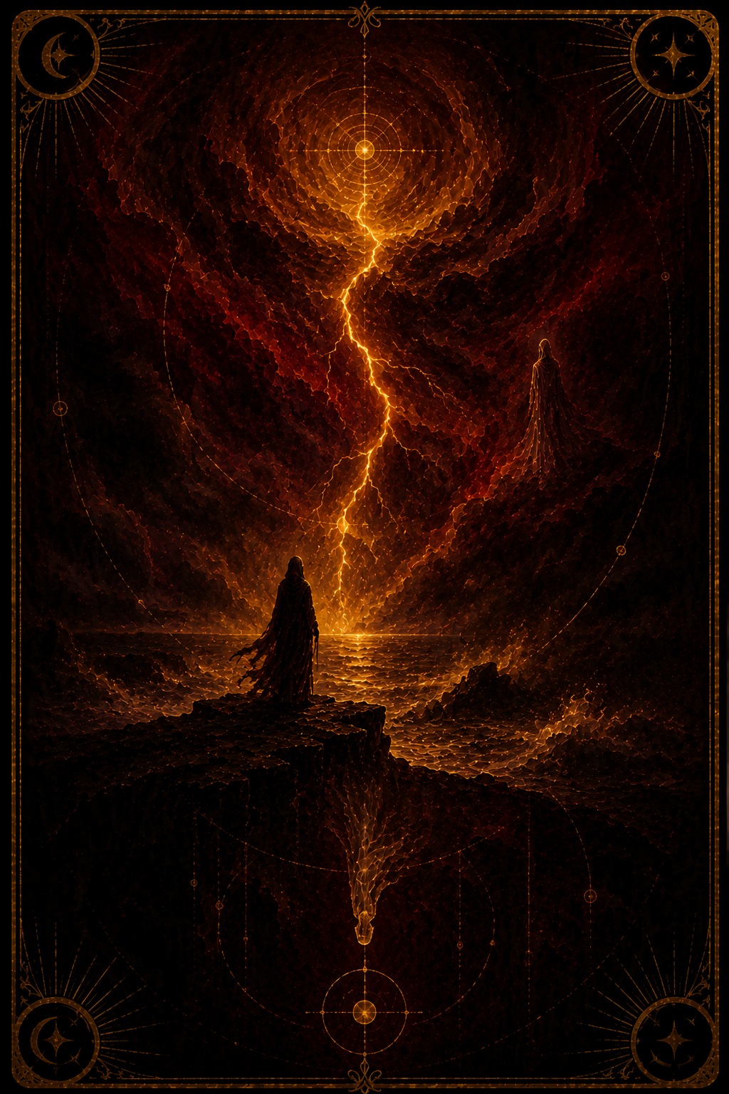 The Tower tarot card (Major Arcana XVI) — The Storm from Madam Moira's painted deck: The Tower — Madam Moira's painted Storm card, a single gold lightning bolt splitting a burgundy sky above a small hooded figure on a dark cliff