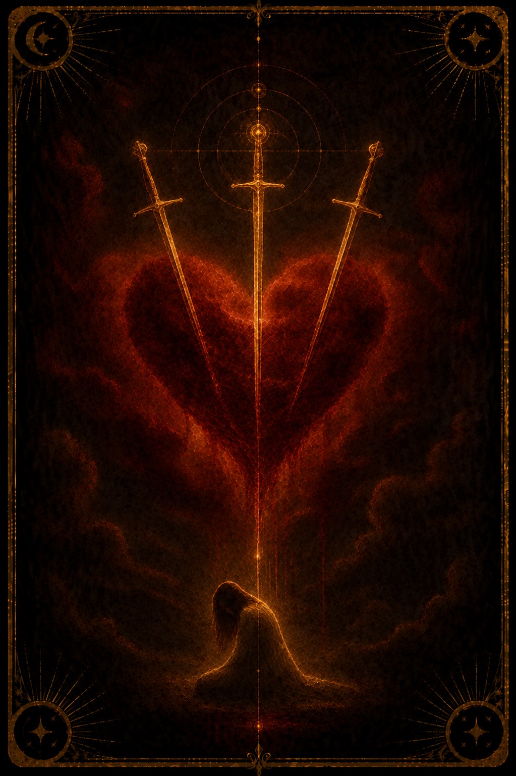 Three of Swords tarot card (Major Arcana Three) — The Pierced Heart from Madam Moira's painted deck: Three of Swords — Madam Moira's painted Pierced Heart, three golden blades standing through a deep red heart above a kneeling figure
