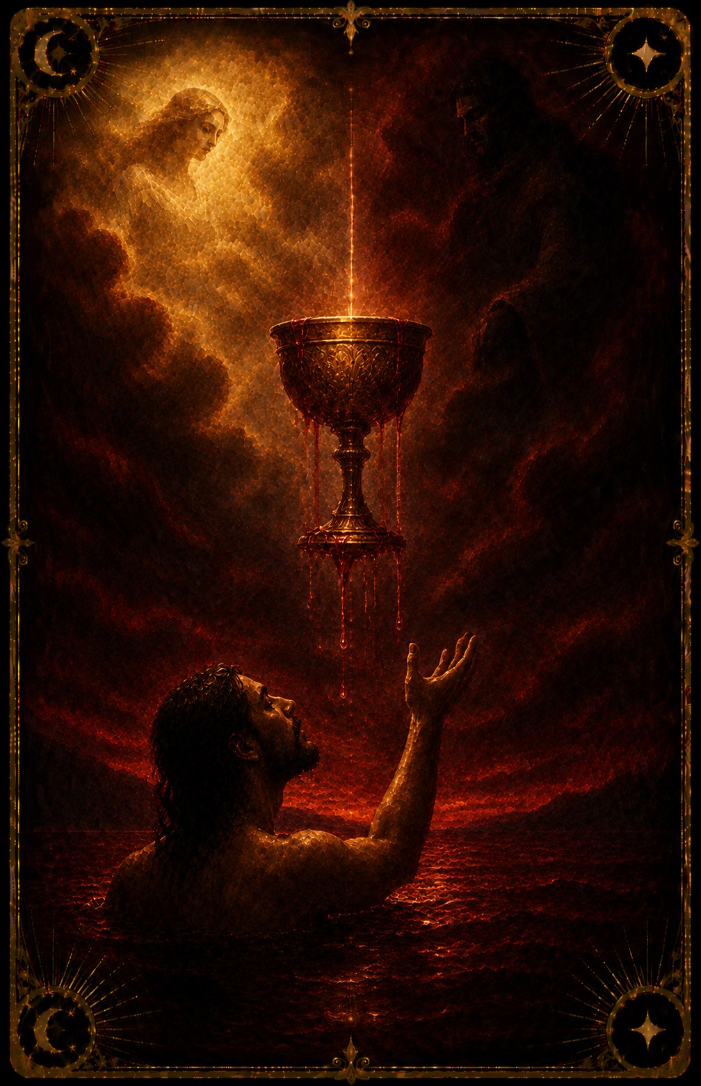 Ace of Cups tarot card (Major Arcana Ace of Cups) — The Cup Offered from Madam Moira's painted deck: The Cup Offered — Madam Moira's painted Ace of Cups, a single chalice held out in gold light against deep burgundy shadow