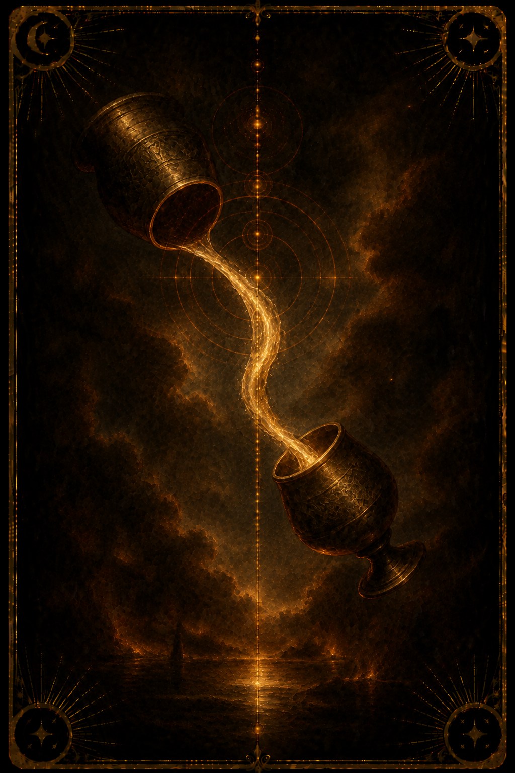Two of Cups tarot card (Major Arcana Two of Cups) — The Cups Pouring from Madam Moira's painted deck: The Cups Pouring — Madam Moira's painted Two of Cups, liquid gold moving between two vessels over dark red ground