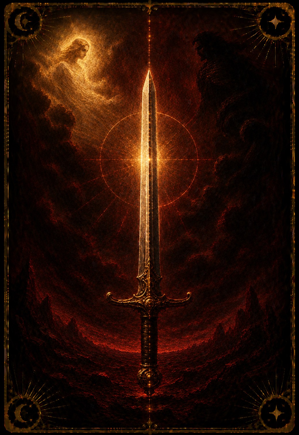 Ace of Swords tarot card (Major Arcana Ace of Swords) — The First Blade from Madam Moira's painted deck: The First Blade — Madam Moira's painted Ace of Swords, a single upright blade catching gold light in deep shadow
