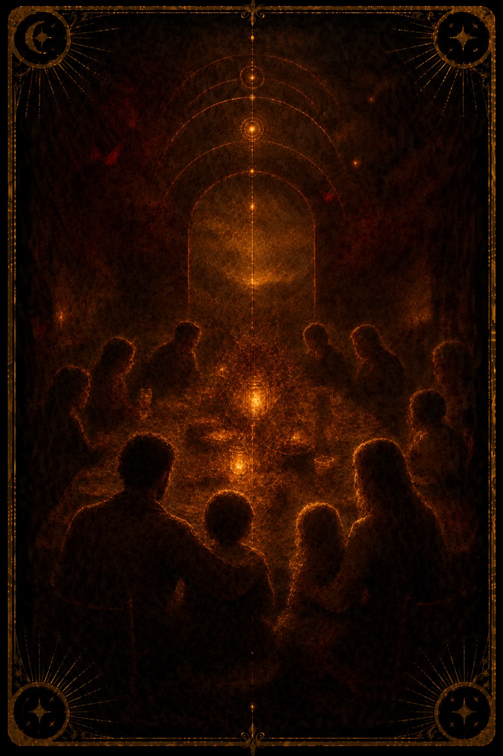 Ten of Cups tarot card (Major Arcana Ten) — The Full Table from Madam Moira's painted deck: Ten of Cups — Madam Moira's painted Full Table: many silhouetted figures gathered close around one long table, lit only by a lamp and small candles at its centre, beneath a glowing arched window