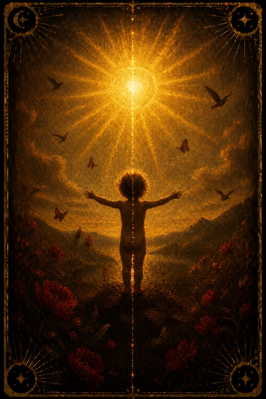 Six of Cups tarot card (Major Arcana Six of Cups) — The Golden Child from Madam Moira's painted deck: The Golden Child — Madam Moira's painted Six of Cups, a small radiant figure in full daylight gold against warm red
