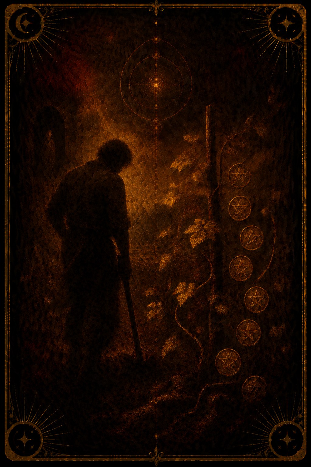 Seven of Pentacles tarot card (Major Arcana Seven) — The Harvest Hand from Madam Moira's painted deck: Seven of Pentacles — Madam Moira's painted Harvest Hand: a figure leaning on a long tool, head bowed, before a climbing vine hung with golden pentacles in a dark burgundy field