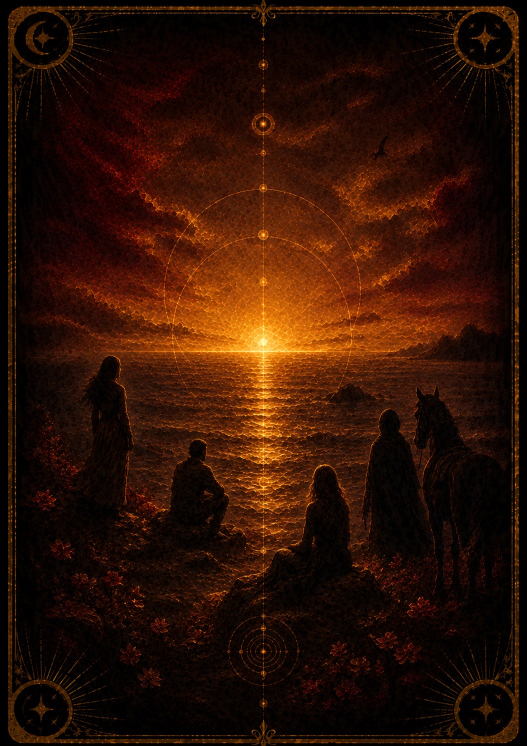 The Horizon tarot card (Major Arcana —) — The Horizon from Madam Moira's painted deck: The Horizon — Madam Moira's painted far line of amber light dividing deep burgundy dark from a paler distance