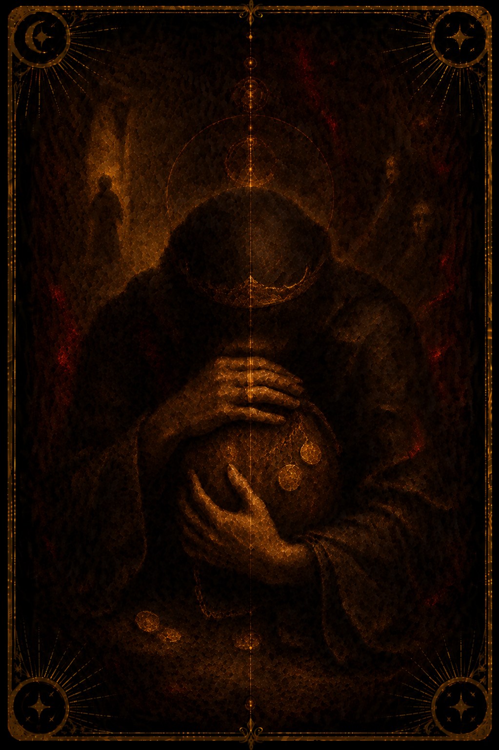 Four of Pentacles tarot card (Major Arcana Four) — The Locked Purse from Madam Moira's painted deck: Four of Pentacles — Madam Moira's painted Locked Purse: a hooded figure curled over a heavy purse held tight in both hands, spilled coins on the ground and faint figures standing apart in the dark