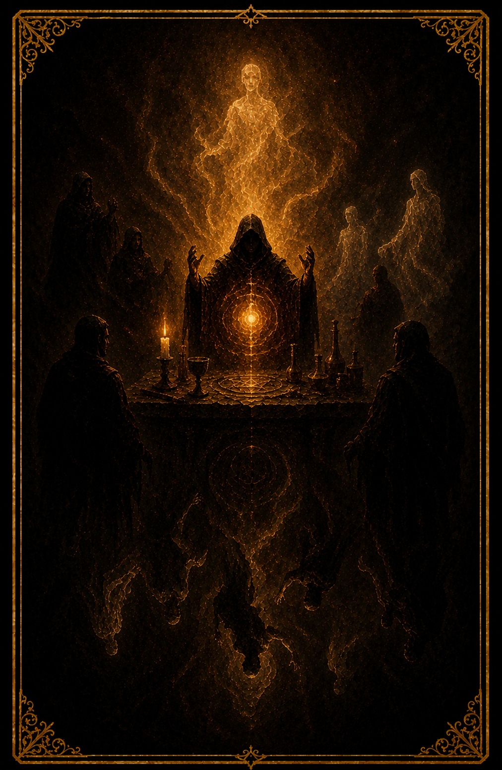 The Magician tarot card (Major Arcana I) — The Maker from Madam Moira's painted deck: The Magician — Madam Moira's painted Maker, a working hand over a table of tools in deep burgundy and gold