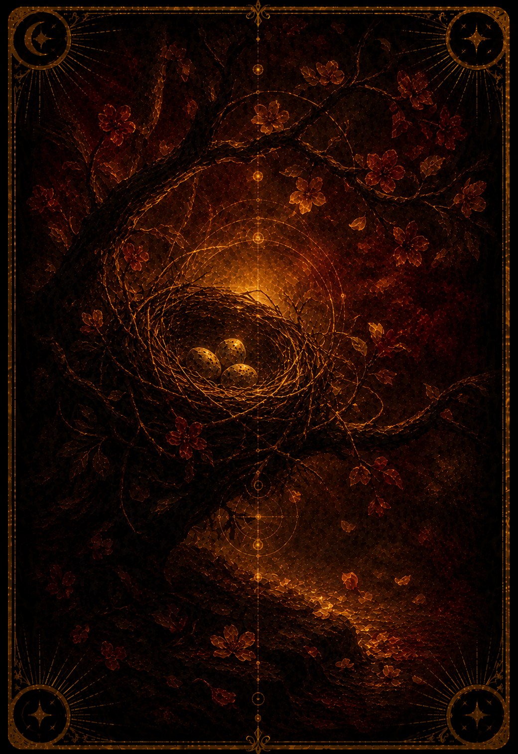 The Nest tarot card (Major Arcana —) — The Nest from Madam Moira's painted deck: The Nest — Madam Moira's painted nest cradled in deep shadow, a small warmth held against the burgundy dark