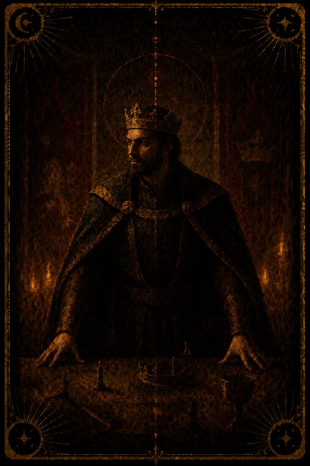 King of Swords tarot card (Major Arcana King) — The One Who Decides from Madam Moira's painted deck: King of Swords — Madam Moira's painted One Who Decides: a crowned figure haloed in faint gold, both hands laid flat on a table holding scales, a blade and a cup