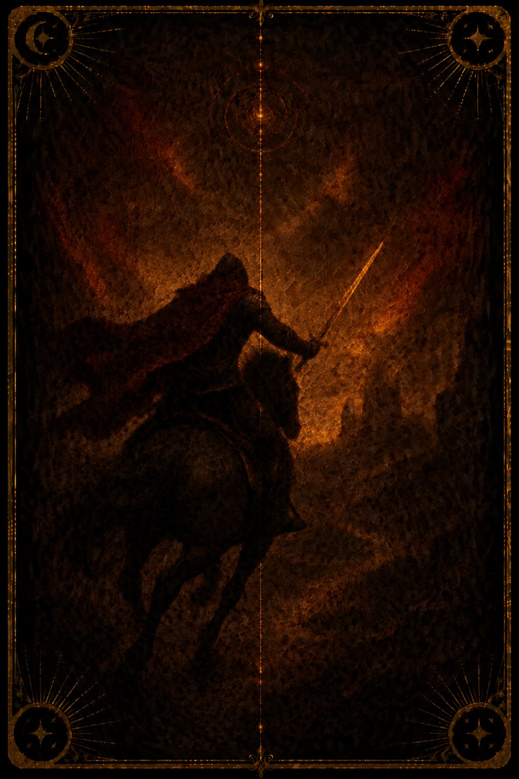 The Rider tarot card (Major Arcana Knight of Wands) — The Rider from Madam Moira's painted deck: The Rider — Madam Moira's painted card of movement, a horse and rider crossing dark ground under gold light
