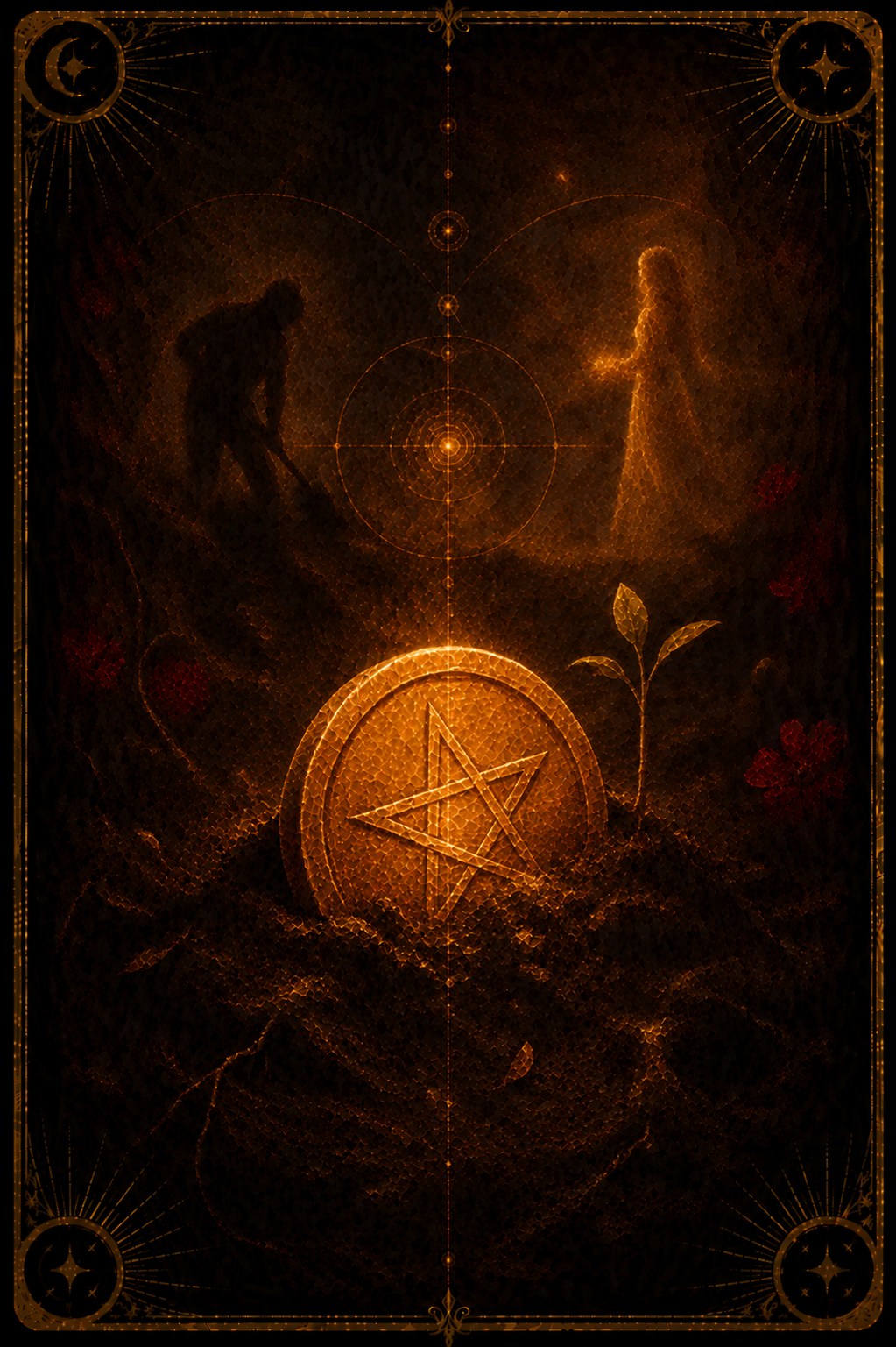 Ace of Pentacles tarot card (Major Arcana Ace) — The Seed Coin from Madam Moira's painted deck: Ace of Pentacles — Madam Moira's painted Seed Coin: a single glowing pentacle half-buried in dark earth with a small green shoot rising beside it, a sower and a standing figure faint in the distance