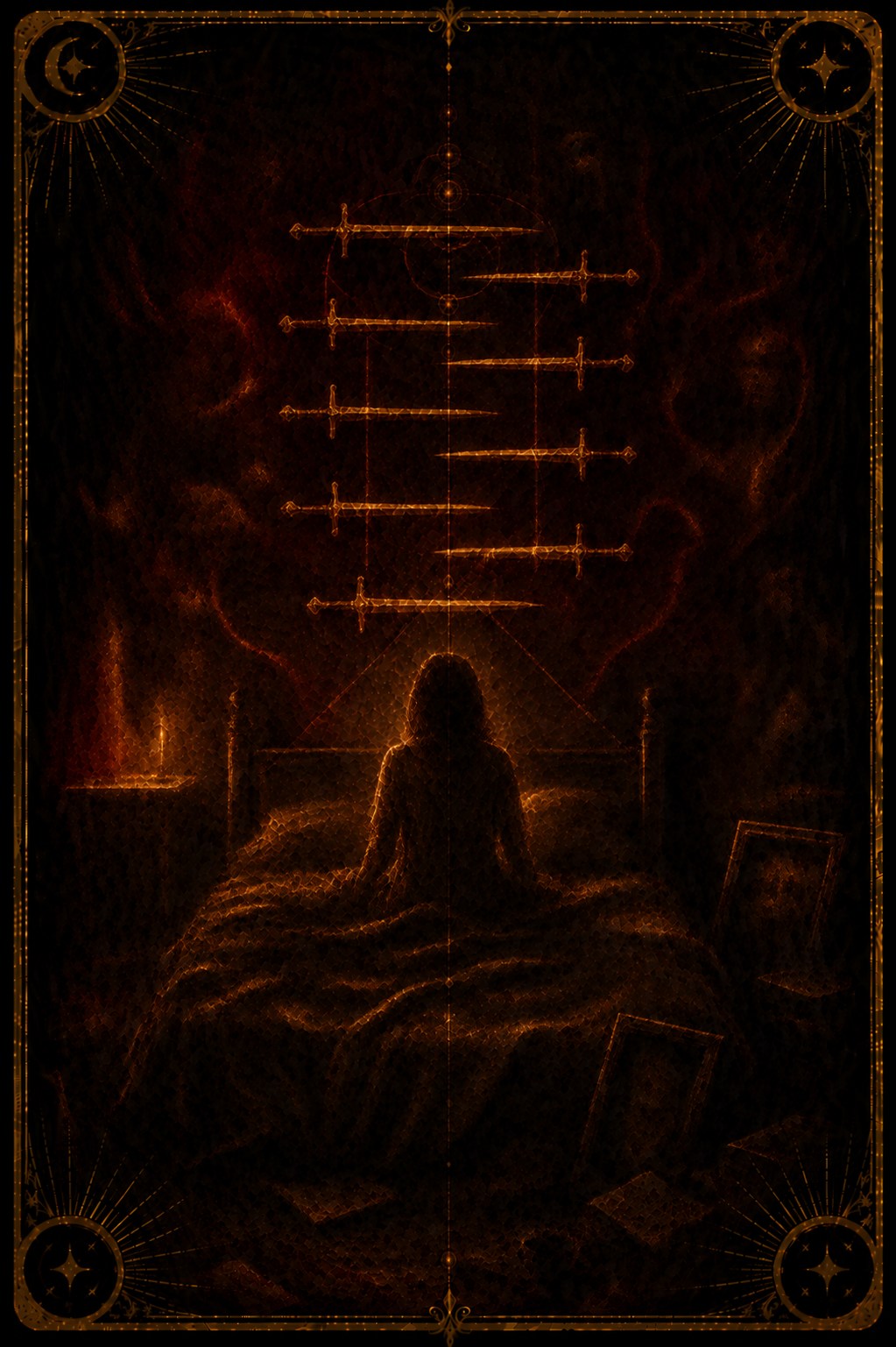 Nine of Swords tarot card (Major Arcana Nine) — The Sleepless Room from Madam Moira's painted deck: Nine of Swords — Madam Moira's painted Sleepless Room, a figure sitting up in bed by one candle beneath nine hanging golden swords