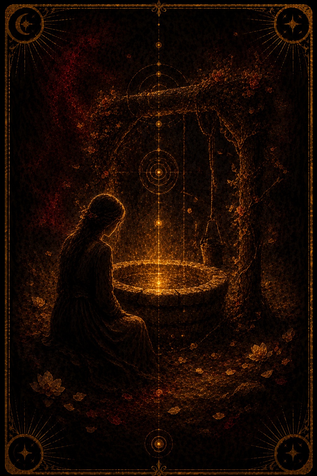 The Hierophant tarot card (Major Arcana V) — The Well from Madam Moira's painted deck: The Hierophant tarot card — Madam Moira's painted Well, a robed figure kneeling beside a stone well filled with gold light beneath a hanging bucket, on abyssal burgundy dark