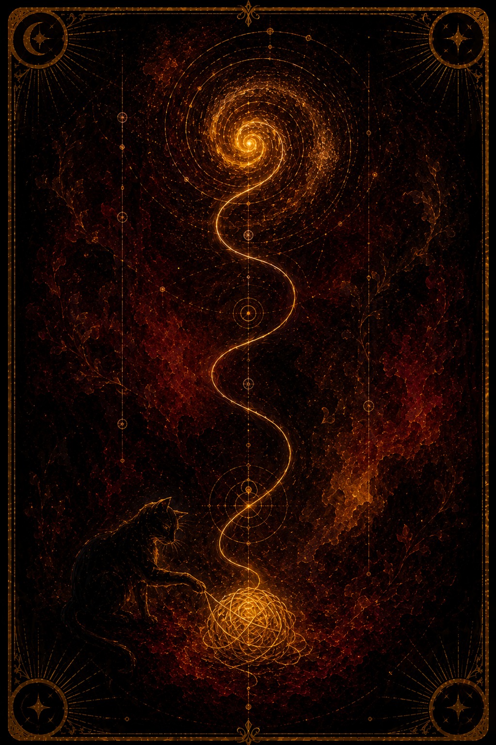 The Thread tarot card (Major Arcana —) — The Thread from Madam Moira's painted deck: The Thread — Madam Moira's painted golden strand running through deep burgundy shadow, connecting what seemed separate