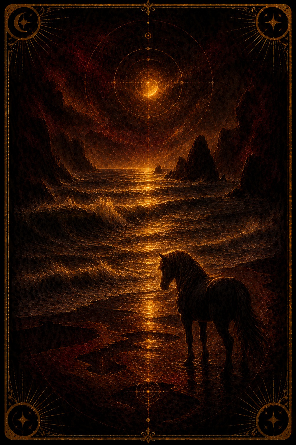 Tides & Cycles tarot card (Major Arcana —) — Tides & Cycles from Madam Moira's painted deck: Tides & Cycles — Madam Moira's painted wave, a silver arc of water returning against deep burgundy dark