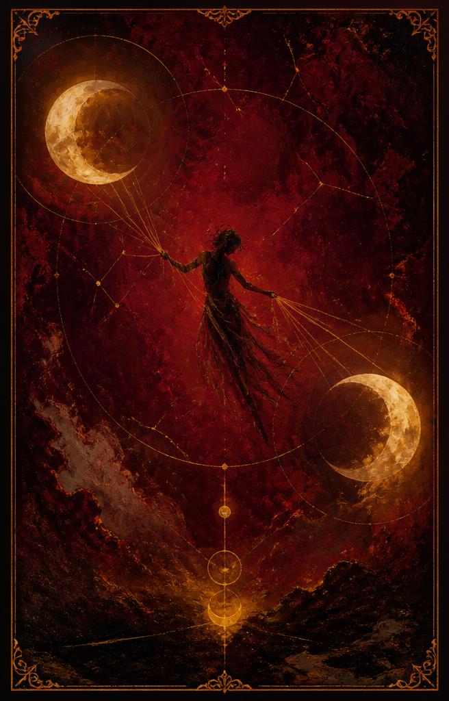 The Moon — Madam Moira's painted Two Moons, twin pale discs above dark water, one reflected and one real, abstract and dim